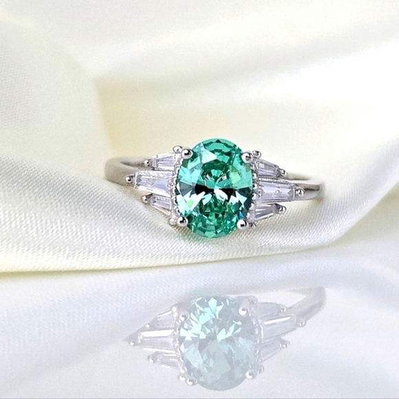 Sterling Silver White Gold Oval Mint Sapphire & Baguette CZ Diamond Side Stones - Picture 5 of 11